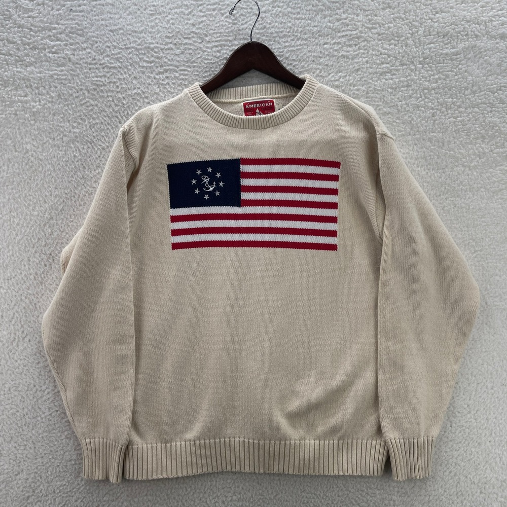 Kiel James Patrick Sweater Mens L Cream USA Flag Patriotic Nautical USA Made